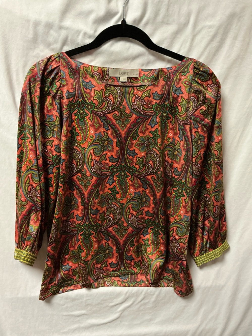 LOFT Coral Paisley Puff-Sleeve Blouse with Green Accents